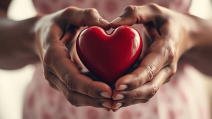 Obraz premium Hands holding a red heart symbolizing care and love, ideal for blogs, social campaigns, and medical awareness