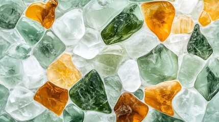 Square background of green, white, and amber sea glass