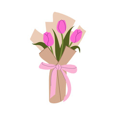 Elegant bouquet of pink tulips wrapped in kraft paper.  Flower clipart. Gift, present for special days. Flat vector isolated on white background.