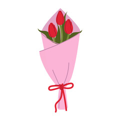 Elegant bouquet of red tulips wrapped in kraft paper.  Flower clipart. Gift, present for special days. Flat vector isolated on white background.