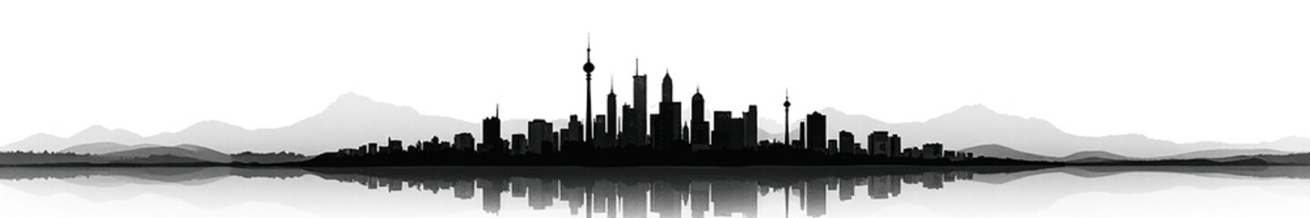 Obraz premium Silhouette of a modern city skyline against a serene backdrop with mountains and reflection.