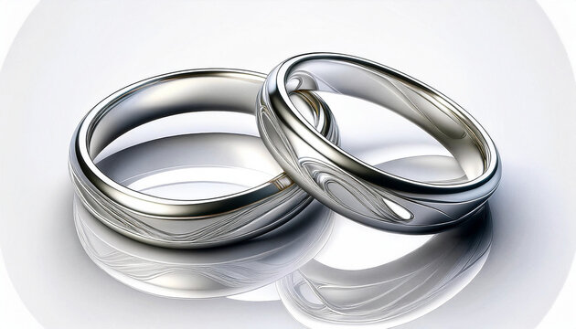 Generated image. Two silver wedding rings are intertwined, reflecting each other on a smooth surface. The metallic bands display a sleek, polished design enhanced by intricate patterns.