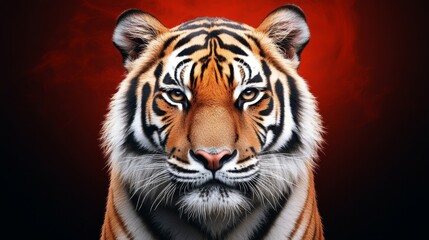Fototapeta premium Majestic Tiger Against Red Background - A striking close-up of a tiger's face with vivid stripes, set against a dramatic red background, capturing the essence of wild strength and beauty.