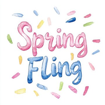 "Spring fling" watercolor text design vibrant colors artistic concept playful environment creative viewpoint, isolated on white background