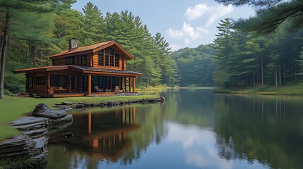 Obraz premium Lakeside log cabin, tranquil forest, morning mist, real estate