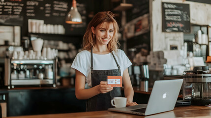 Woman Holding a Gift Card While Using a Laptop, with a Cup of Tea on the Table-