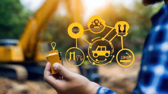 Remote control of heavy machinery at construction site digital interface visualization urban environment close-up viewpoint technology insights