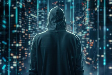 Naklejka premium Back view of hacker in hoodie on abstract background, Ai Generated