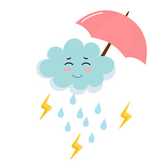  Cute cartoon smiling cloud with pink umbrella raining blue droplets and yellow lightning bolts. Cute cartoon weather forecaster characters with funny faces.