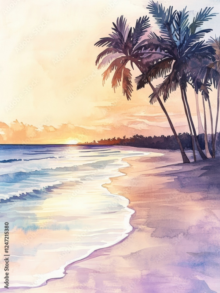 Poster serene sunset over a tranquil beach with palm trees beside gentle waves in a watercolor illustration