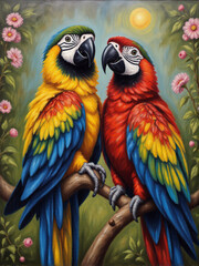 A vibrant and colorful painting of two parakeets perched on a branch, surrounded by blooming flowers and a sunny background.