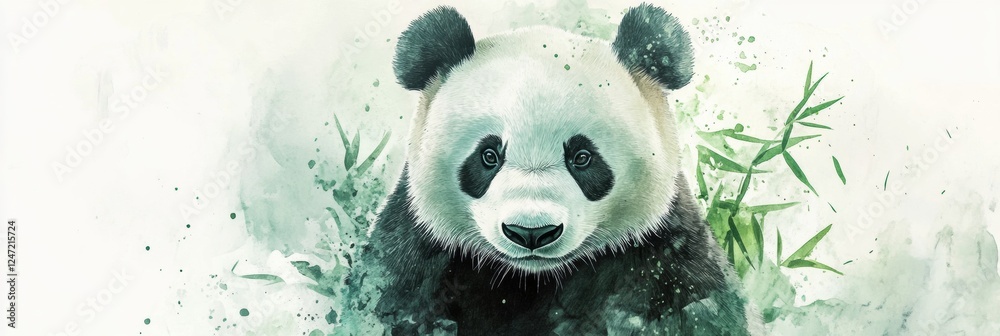 Poster panda looking curiously while surrounded by bamboo in a serene watercolor illustration. generative a