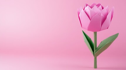 Fototapeta premium Pink Origami Flower on Solid Background - A beautiful pink origami flower with green leaves set against a soft pink background, symbolizing creativity and elegance.