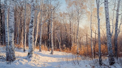 Winter landscape with snow-covered birch trees and golden foliage under soft sunlight in a tranquil forest setting