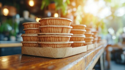 Obraz premium Eco-friendly tarts displayed cafe counter, sunny