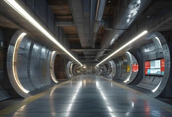 Fototapeta premium A spacious underground corridor showcases a futuristic design with metal walls, bright lighting, and interactive screens. The sleek architecture creates an inviting atmosphere for visitors.