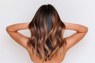 Brunette hair with caramel balayage waves, medium to long hairstyle, soft glossy curls in back view of female model, natural color gradient, modern hair dye trend, beauty concept portrait

