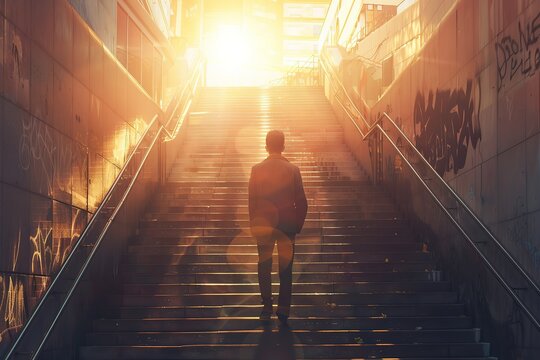 Back view of a young man walking up stairs in the city, Ai Generated - Powered by Adobe
