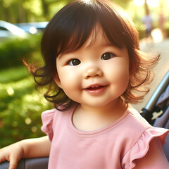 baby smiling and looking up to camera outdoors in sunlight
