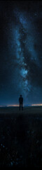 Fototapeta premium An illustration of a man standing under a star filled sky and the Milky Way