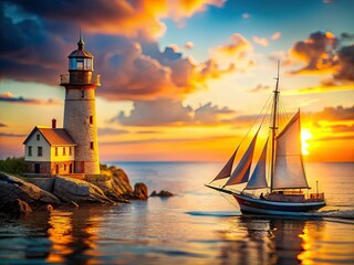 Tilt-Shift Sailboat Lighthouse Seascape AI Art