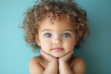 Adorable baby girl with curly hair and blue eyes resting her head on her hands indoors