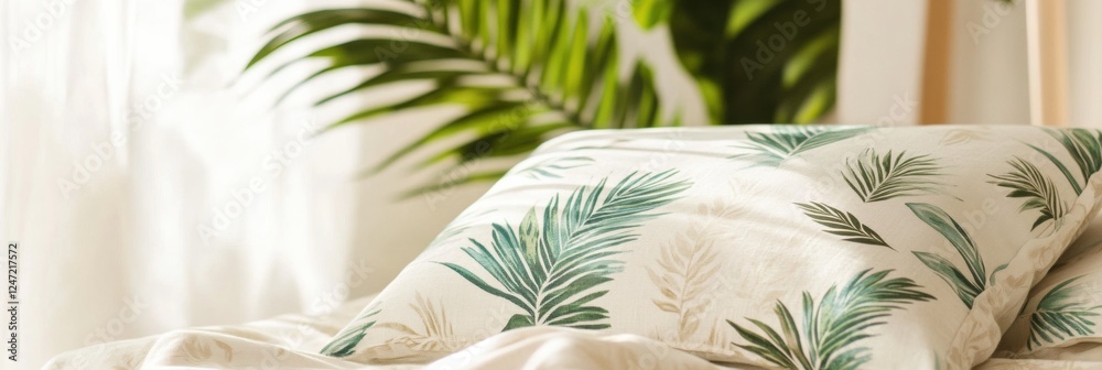 Poster Embrace the tropical vibes with light summer fabrics and fresh patterns in a stylish living space. Generative AI