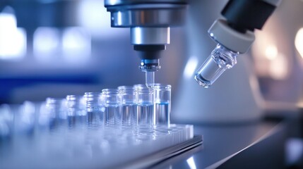 Close up of laboratory equipment, focusing on a pipette dispensing liquid into test tubes. The scene conveys precision and innovation in scientific research and experimentation