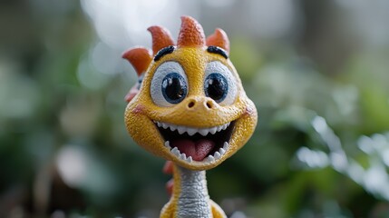 Fototapeta premium Happy cartoon dinosaur toy outdoors, blurred background, children's book illustration