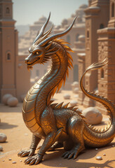 Fototapeta premium Majestic golden dragon amidst ancient desert ruins, mystical elegance