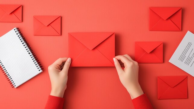 Flat Lay of Hands Preparing Red Envelopes for Email Marketing Campaign Tools