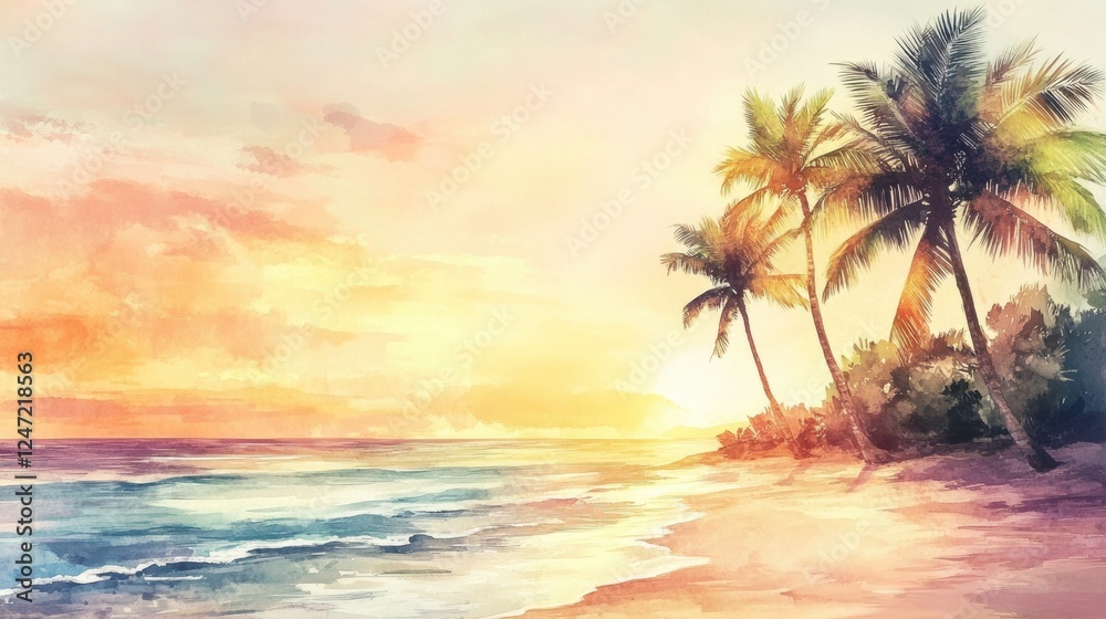 Aufkleber relaxing sunset at a tropical beach with palm trees and gentle waves in a watercolor illustration st