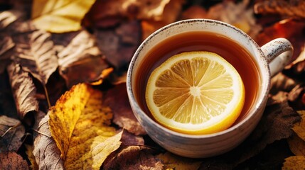 A hot beverage in a mug, surrounded by fall foliage, evoking warmth and seasonal comfort.