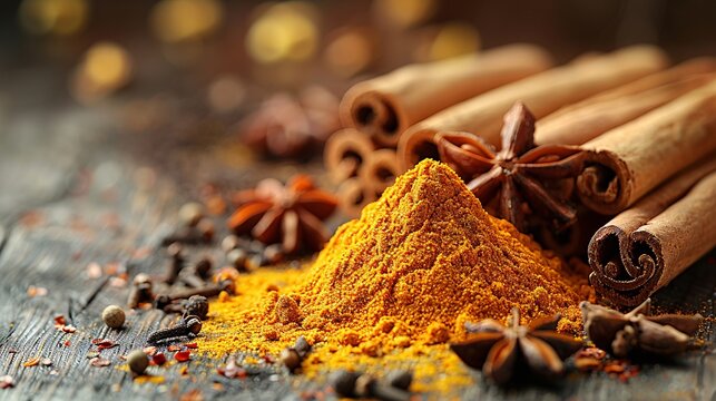 Collection of whole spices including cinnamon sticks, star anise, and turmeric roots displayed on a vintage wooden table, with warm ambient light accentuating their details - Powered by Adobe