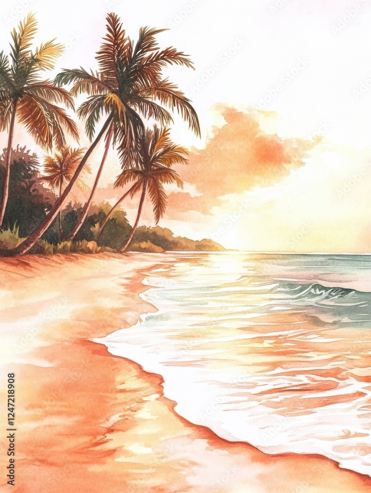 Poster serene beachfront at sunset with gentle waves and swaying palm trees in a watercolor illustration. g