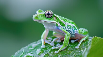 Obraz premium Green frog on leaf, rainforest background, nature photography, wildlife