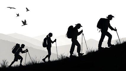 Obraz premium Silhouettes of Hikers and Backpackers with Trekking Poles – Minimalist Black and White Vector Illustration
