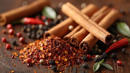 Artistic layout of red chili flakes, cinnamon sticks, and black peppercorns on a rustic wooden background, with warm lighting emphasizing their vibrant colors and textures