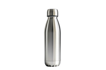 A vertical, eye-level, studio shot showcases a sleek, silver, stainless steel water bottle
