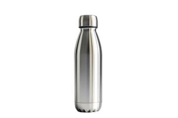 A vertical, eye-level, studio shot showcases a sleek, silver, stainless steel water bottle