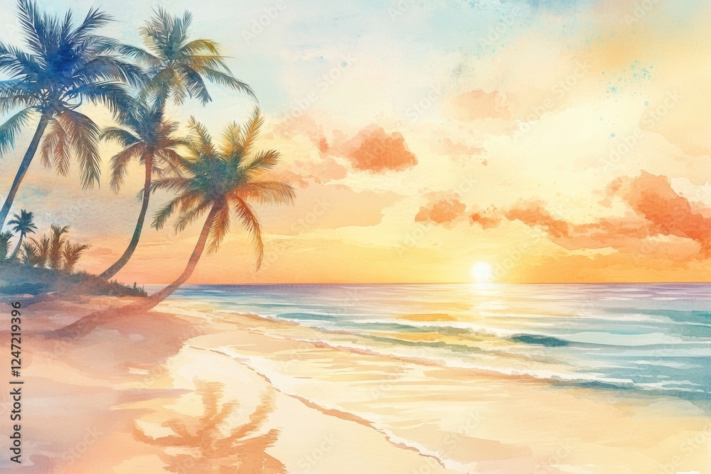 Poster serene sunset over tropical beach with palm trees and calm ocean waves. generative ai