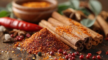 Detailed view of spices such as cinnamon sticks, red chili flakes, and cloves on a vintage wooden surface, with warm, natural light enhancing their textures and colors