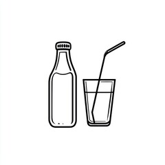Simple illustration of a bottle and glass with a straw, ideal for beverage company or healthy lifestyle content
