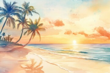 Obraz premium Serene sunset over tropical beach with palm trees and calm ocean waves. Generative AI