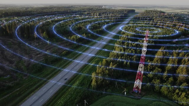 Antenna signal animation, radio waves emitted from a cell phone radio tower spreading everywhere around. Animation of the wave from the antenna. Communication tower, digital signal. 4k footage