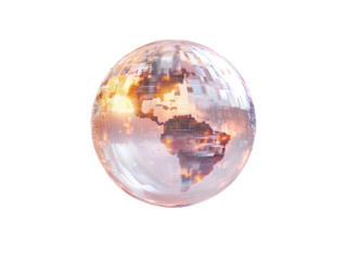 The image showcases a digitally rendered globe with a metallic texture, emphasizing interconnectedness and futuristic technology