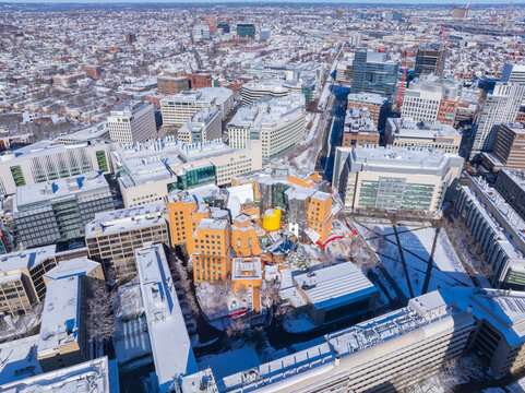 Massachussets Institute of Technology (MIT) Ray and Maria Stata Center and campus aerial view in winter, Cambridge, Massachusetts MA, USA.