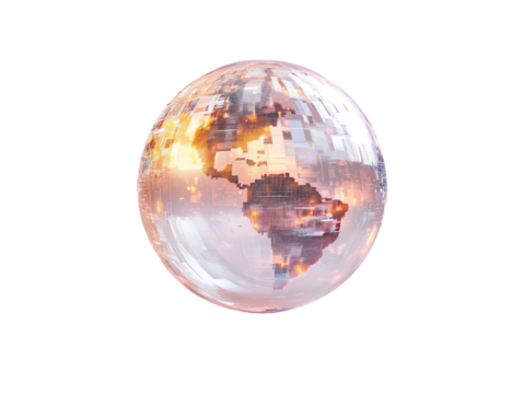 The image showcases a digitally rendered globe with a metallic texture, emphasizing interconnectedness and futuristic technology