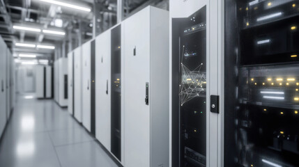 Data center with illuminated server racks showcasing advanced technology and futuristic design in a modern facility
