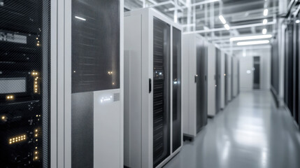 Data center with illuminated server racks showcasing advanced technology and futuristic design in a modern facility